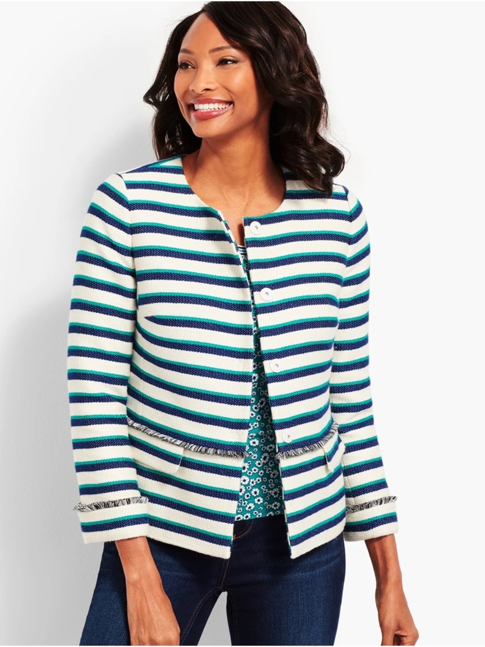 Talbots White, Navy & Teal Striped fringe Jacket‎